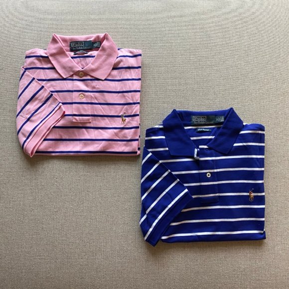 Polo New Men's Blue Dolphin/White Stripe & Pink/Blue Stripe Pima Interlock Shirt - Picture 1 of 15